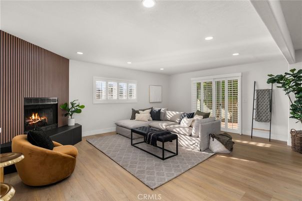 Fireplace, Interior, Living room, Recessed Lighting, Wood Texture Flooring