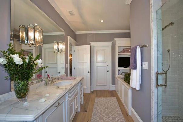 Bathroom, Glass Shower, Interior, Recessed Lighting, Wood Texture Flooring