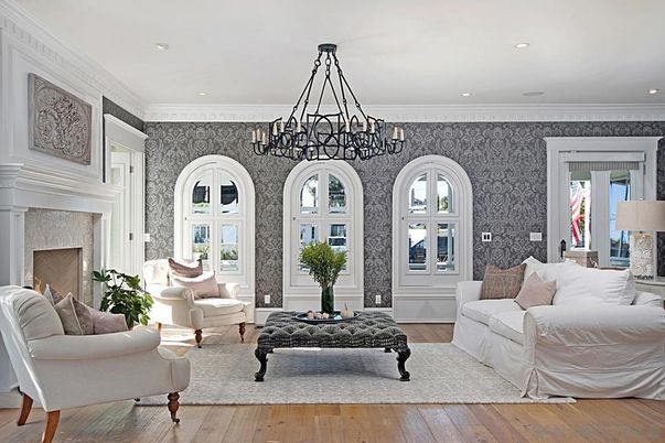 Chandelier, Fireplace, Interior, Living room, Recessed Lighting, Wood Texture Flooring
