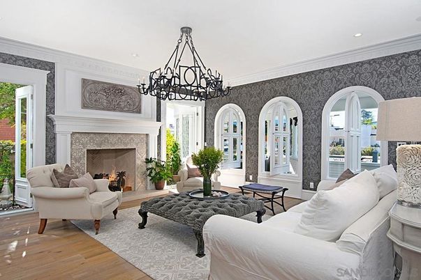 Chandelier, Fireplace, Interior, Living room, Recessed Lighting, Wood Texture Flooring