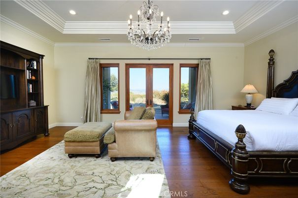 Bedroom, Chandelier, Interior, Recessed Lighting, Wood Texture Flooring