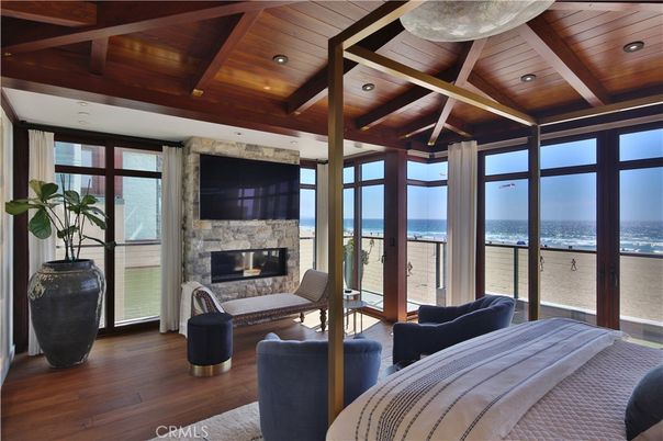 Fireplace, Interior, Living room, Recessed Lighting, Water, Wooden Beams, Wooden Ceilings, Wood Texture Flooring