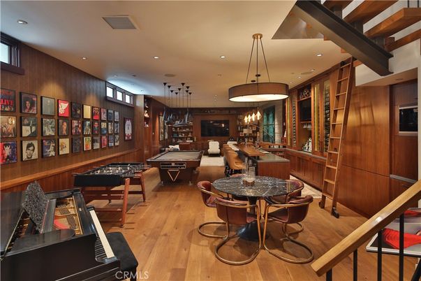 Billiard Table, Dining room, Game Room, Interior, Kitchen, Pendant Lights, Recessed Lighting, Wood Texture Flooring, Wooden Walls