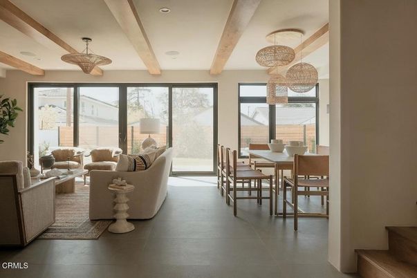 Dining room, Interior, Living room, Pendant Lights, Recessed Lighting, Wooden Beams