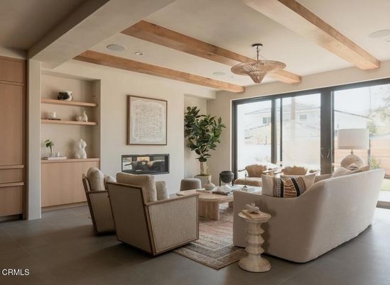 Fireplace, Interior, Living room, Pendant Lights, Recessed Lighting, Wooden Beams