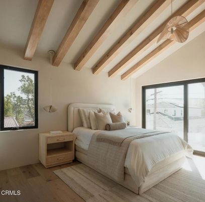 Bedroom, Interior, Pendant Lights, Wooden Beams, Wood Texture Flooring