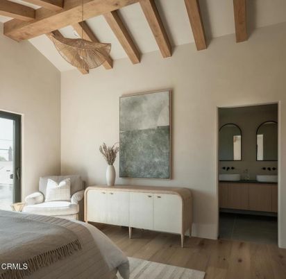 Bedroom, Interior, Pendant Lights, Wooden Beams, Wood Texture Flooring