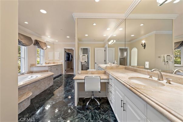 Bathroom, Dual Sink Vanities, Interior, Marble, Recessed Lighting