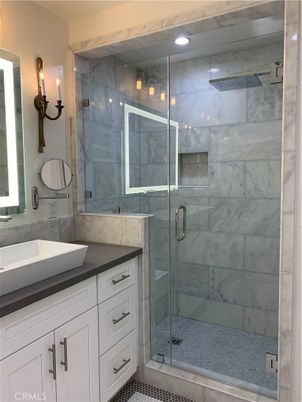 Bathroom, Glass Shower, Interior, Marble Walls, Recessed Lighting