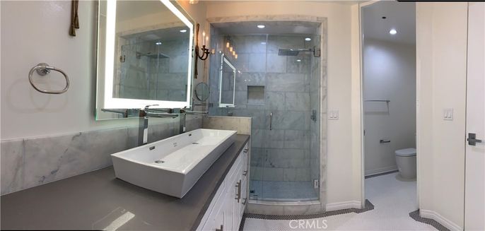 Bathroom, Glass Shower, Interior, Marble Walls, Recessed Lighting