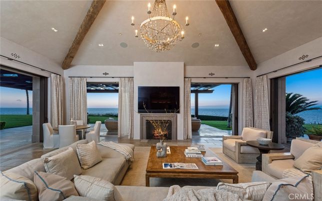 Chandelier, Fireplace, Interior, Living room, Recessed Lighting, Water, Wooden Beams