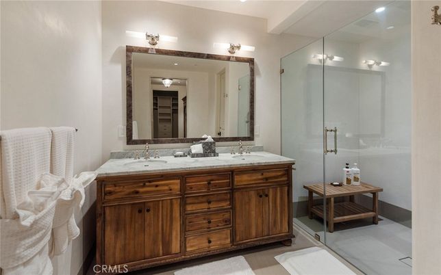 Bathroom, Dual Sink Vanities, Glass Shower, Interior, Wood Texture Flooring