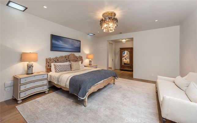 Bedroom, Chandelier, Interior, Recessed Lighting, Wood Texture Flooring