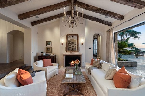 Chandelier, Fireplace, Interior, Living room, Recessed Lighting, Water, Wooden Beams