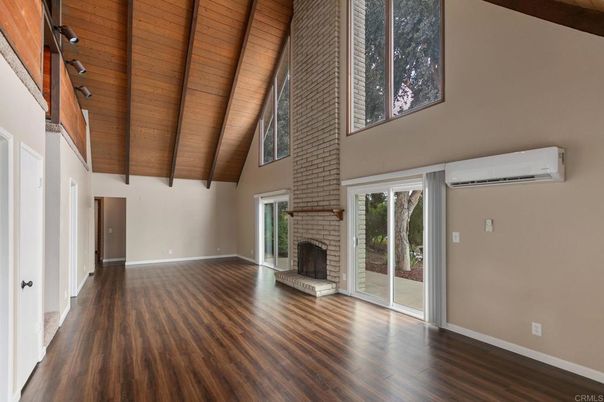 Empty room, Fireplace, Interior, Wooden Beams, Wooden Ceilings, Wood Texture Flooring
