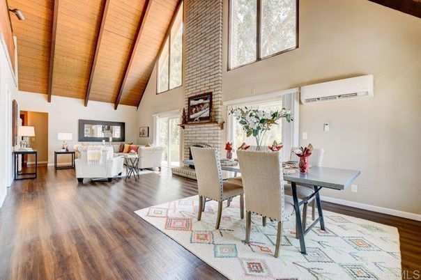 Dining room, Fireplace, Interior, Living room, Stone Walls, Wooden Beams, Wooden Ceilings, Wood Texture Flooring