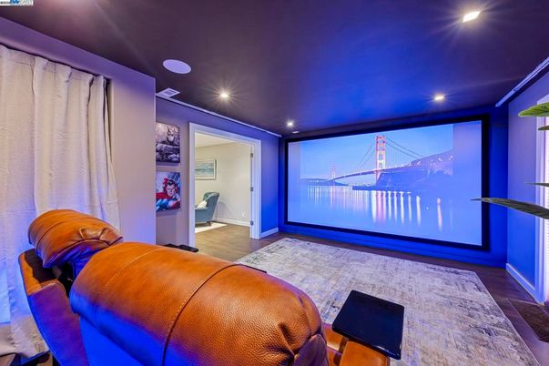 Interior, Projection Screen, Recessed Lighting, Theatre Room, Wood Texture Flooring
