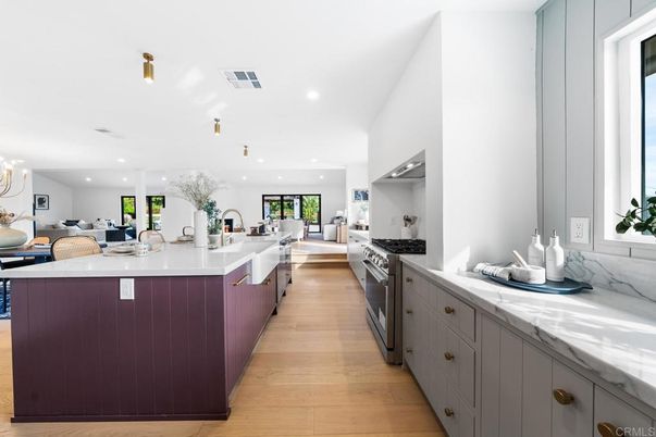 Chandelier, Interior, Kitchen, Living room, Recessed Lighting, Stainless Steel Appliances, Wood Texture Flooring