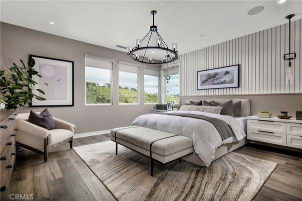 Bedroom, Chandelier, Interior, Pendant Lights, Recessed Lighting, Wood Texture Flooring