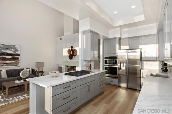 Fireplace, Interior, Kitchen, Recessed Lighting, Stainless Steel Appliances, Wood Texture Flooring