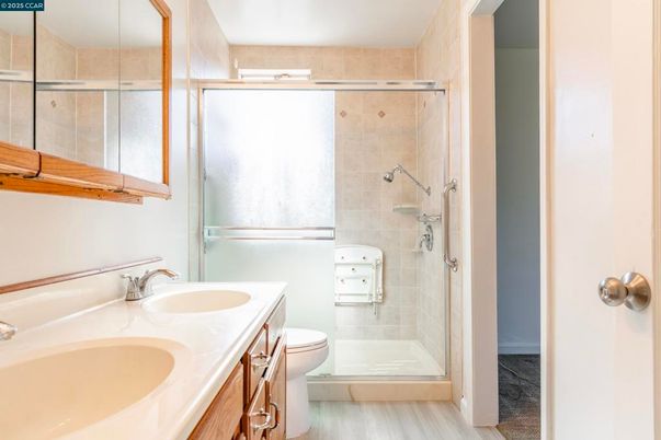 Bathroom, Glass Shower, Interior, Wood Texture Flooring