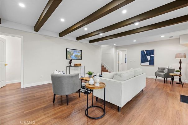 Interior, Living room, Recessed Lighting, Wooden Beams, Wood Texture Flooring