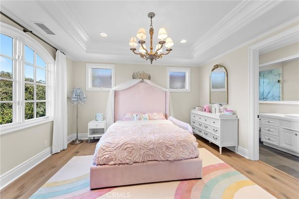 Bedroom, Chandelier, Interior, Recessed Lighting, Wood Texture Flooring