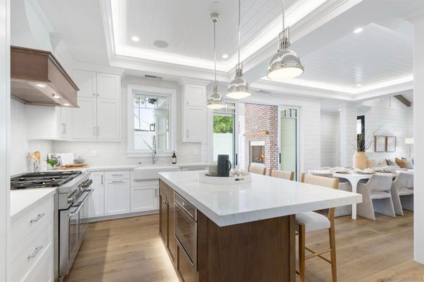 Dining room, Fireplace, Interior, Kitchen, Pendant Lights, Recessed Lighting, Stainless Steel Appliances, Wood Texture Flooring
