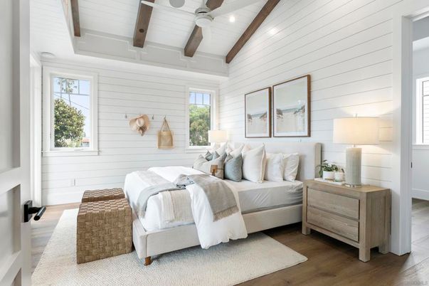 Bedroom, Interior, Recessed Lighting, Wooden Beams, Wood Texture Flooring