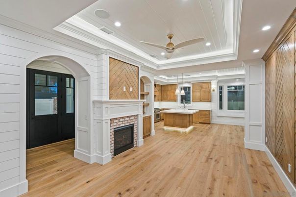 Fireplace, Interior, Kitchen, Recessed Lighting, Wood Texture Flooring