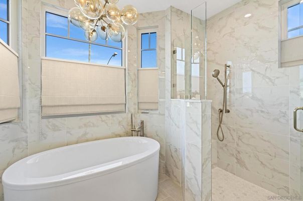Bathroom, Free Standing Baths, Glass Shower, Interior, Marble Walls, Recessed Lighting