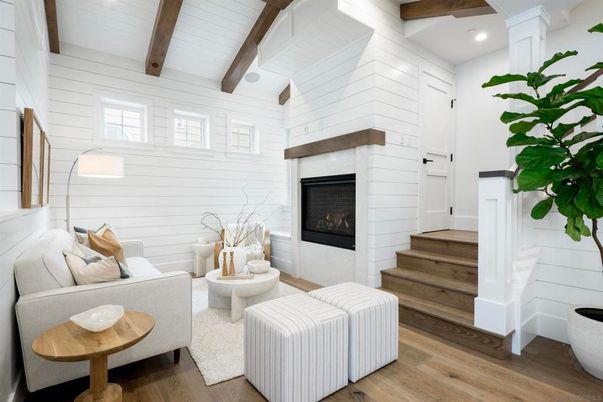 Fireplace, Interior, Living room, Recessed Lighting, Wooden Beams, Wood Texture Flooring