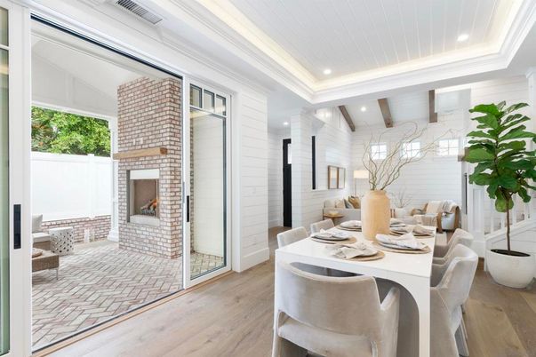 Dining room, Fireplace, Interior, Recessed Lighting, Wood Texture Flooring