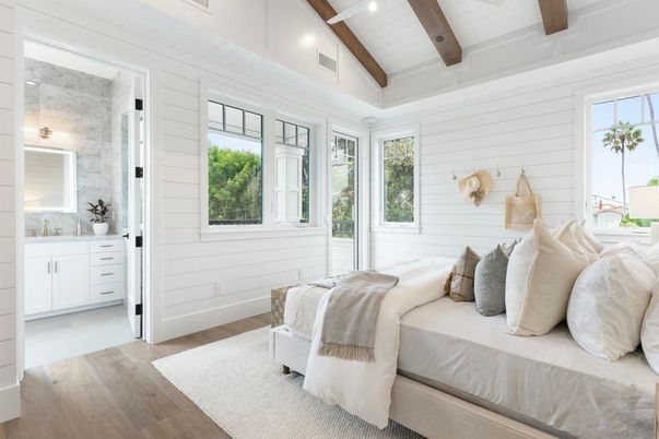 Bedroom, Interior, Recessed Lighting, Stone Walls, Wooden Beams, Wood Texture Flooring