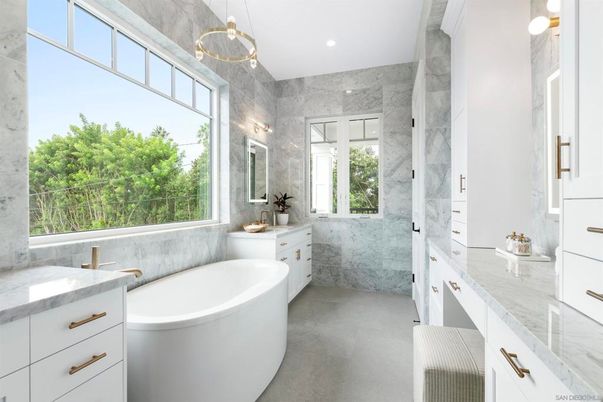 Bathroom, Dual Sink Vanities, Free Standing Baths, Interior, Marble Walls, Pendant Lights, Recessed Lighting