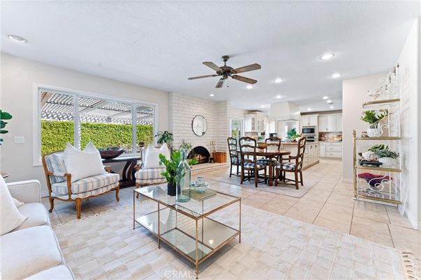 Dining room, Fireplace, Interior, Kitchen, Living room, Recessed Lighting, Stone Walls