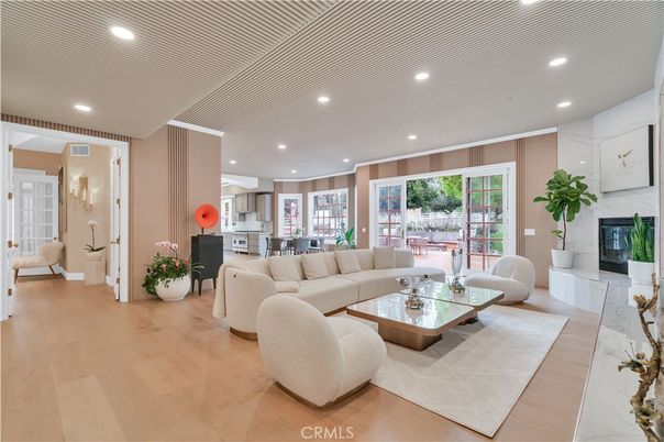 Dining room, Fireplace, Interior, Kitchen, Living room, Recessed Lighting, Wood Texture Flooring