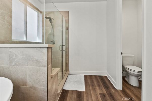 Bathroom, Glass Shower, Interior, Wood Texture Flooring