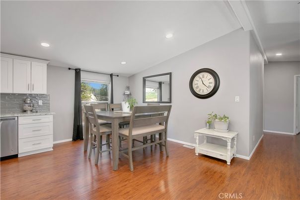 Dining room, Interior, Kitchen, Recessed Lighting, Wood Texture Flooring