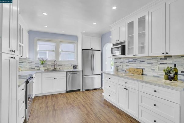 Interior, Kitchen, Recessed Lighting, Stainless Steel Appliances, Wood Texture Flooring