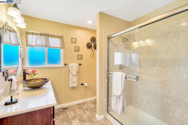 Bathroom, Glass Shower, Interior, Recessed Lighting, Wood Texture Flooring