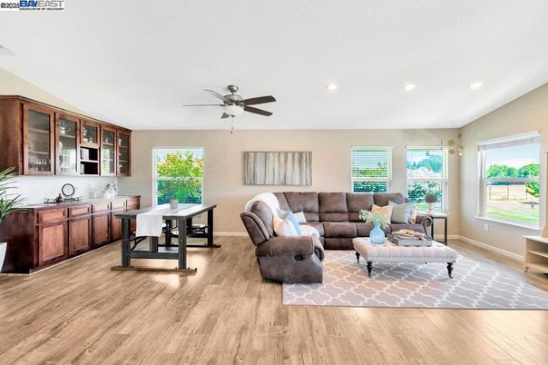 Dining room, Interior, Living room, Recessed Lighting, Wood Texture Flooring