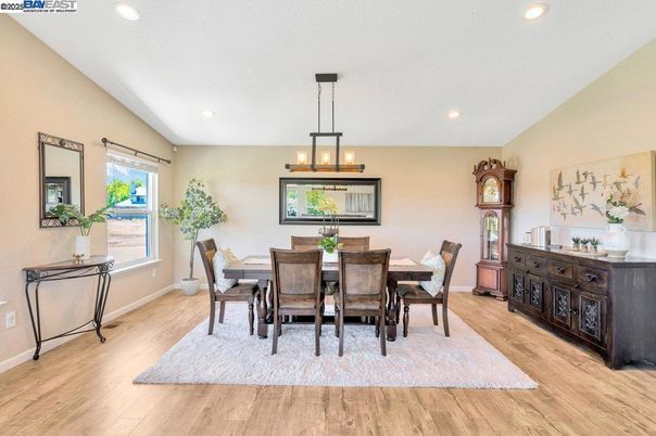 Dining room, Interior, Pendant Lights, Recessed Lighting, Wood Texture Flooring