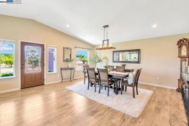 Dining room, Interior, Pendant Lights, Recessed Lighting, Wood Texture Flooring