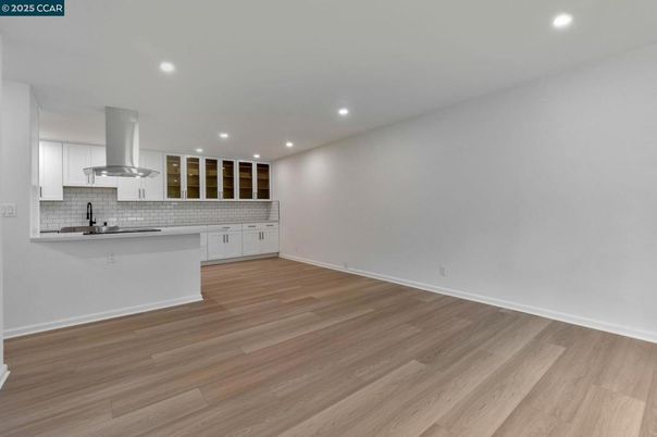Empty room, Interior, Kitchen, Recessed Lighting, Wood Texture Flooring