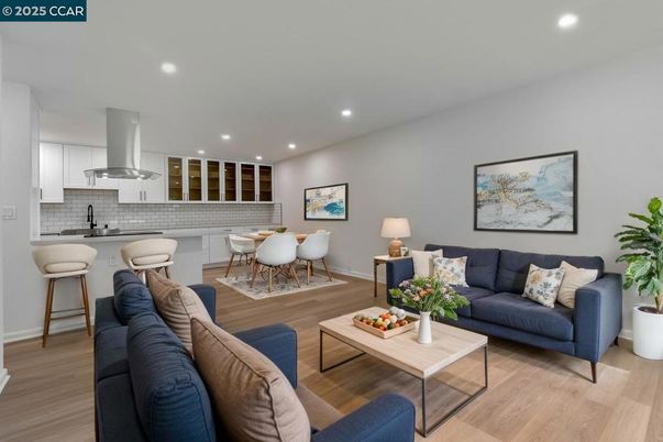 Dining room, Interior, Kitchen, Living room, Recessed Lighting, Wood Texture Flooring