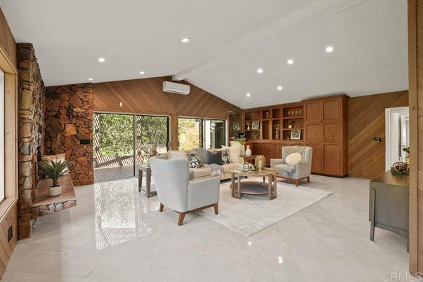 Fireplace, Interior, Living room, Recessed Lighting, Stone Walls, Wooden Walls
