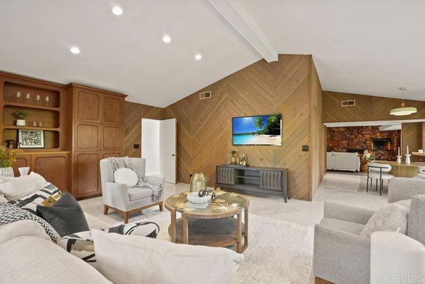 Dining room, Fireplace, Interior, Living room, Pendant Lights, Recessed Lighting, Stone Walls, Wooden Walls