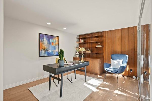 Home Office, Interior, Recessed Lighting, Wood Texture Flooring, Wooden Walls