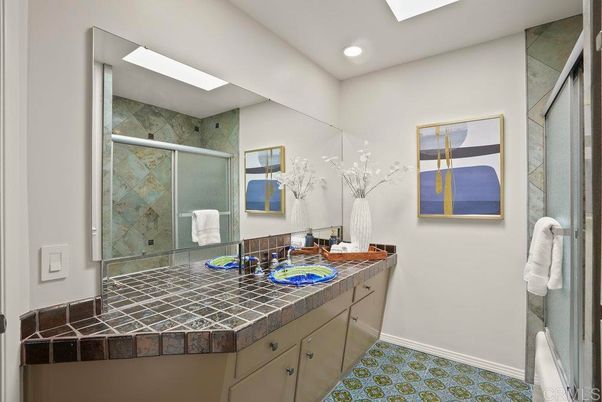 Bathroom, Glass Shower, Interior, Recessed Lighting, Tile Countertops